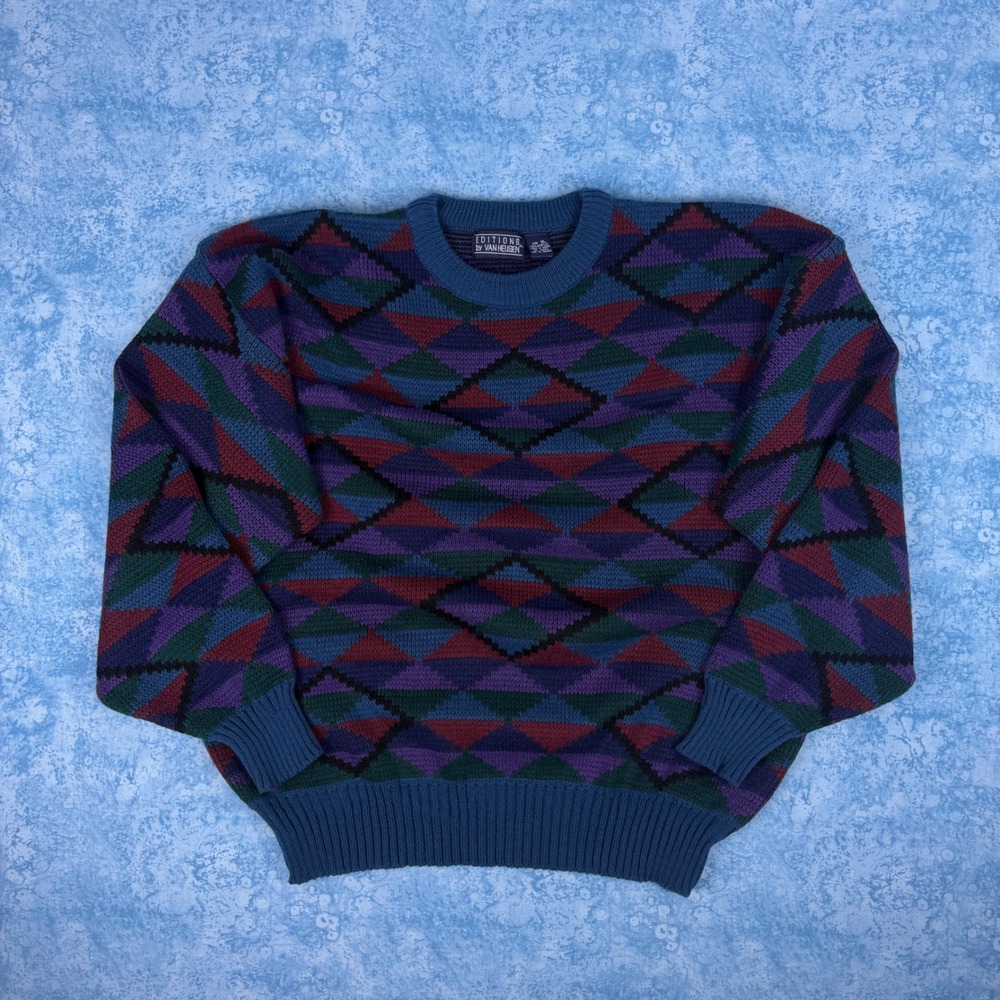 Vintage Editions by Van Heusen Geometric Knit Sweater Mens XL 90s Argyle Blue